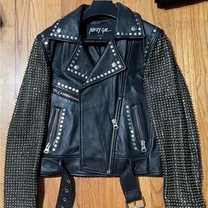 Nasty Gal Leather Coat with Studs and Beading